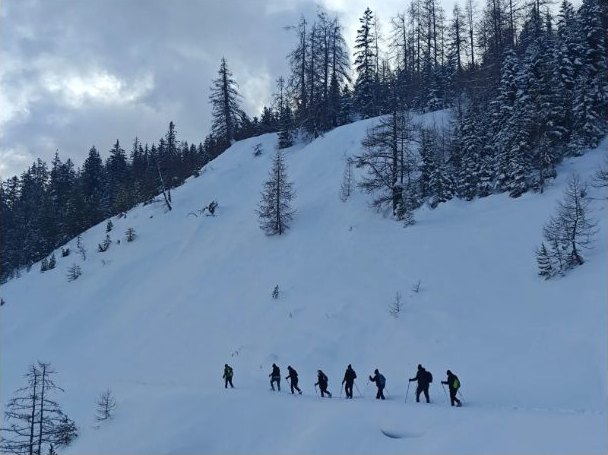 Groupe en randonnée raquettes dans la neige