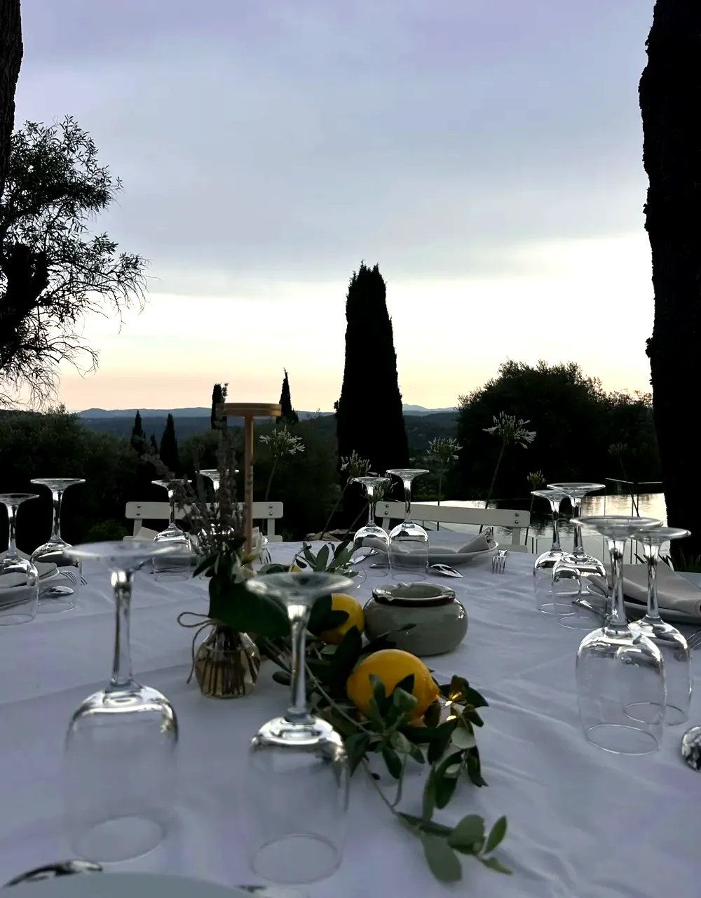 Gedeckte Tafel mit Zitronen und Olivenzweigen im Garten der Villa, vor Zypressen in der Abendd&auml;mmerung