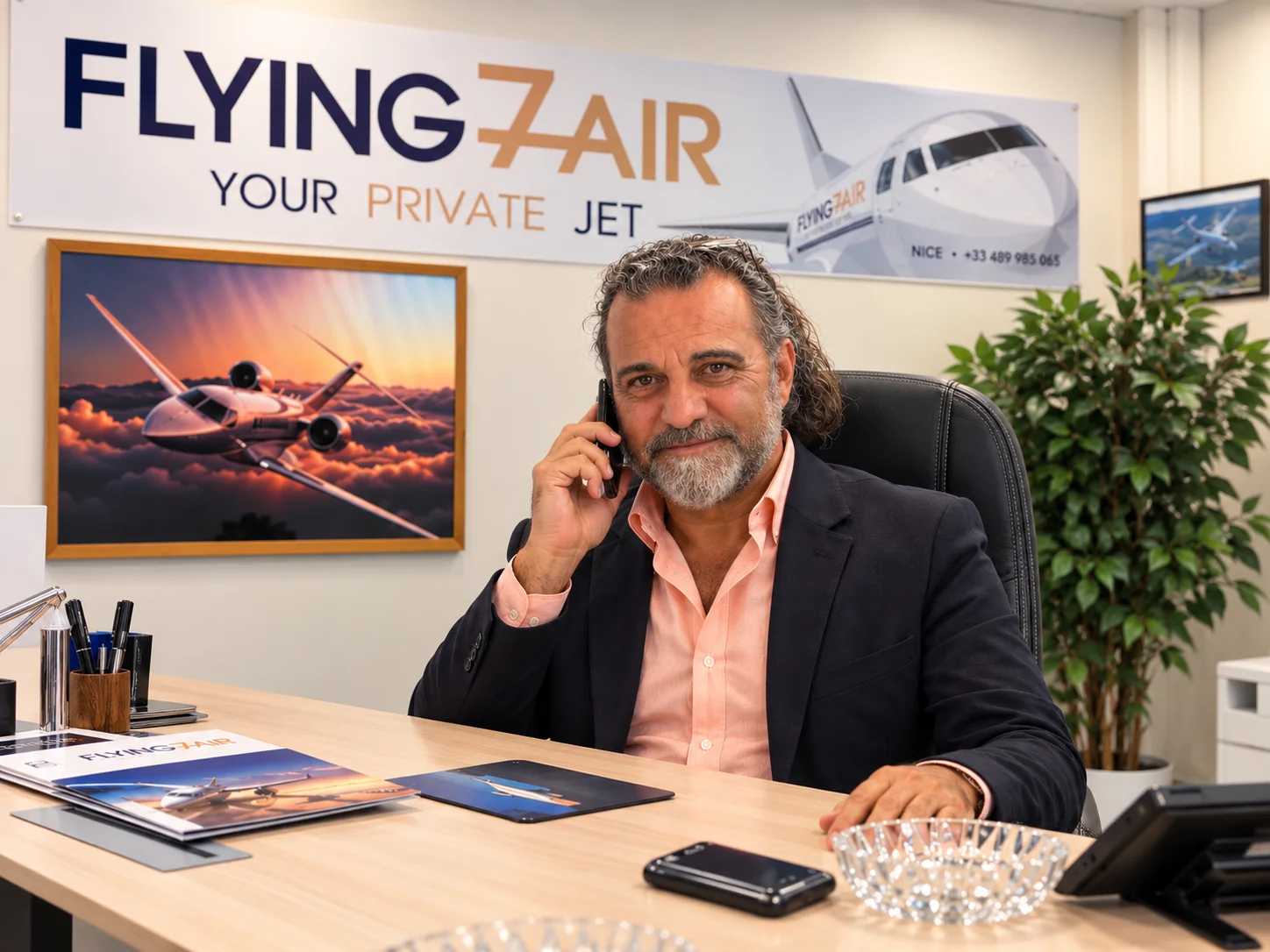 Patrick Azemar, Gr&uuml;nder von Flying7Air, telefonierend in seinem B&uuml;ro unter dem Flying7Air-Schild